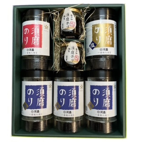 画像1: 須磨のりセット　卓上型【味3・焼1・塩1】3種5本+海苔佃煮2本詰め合わせ (1)